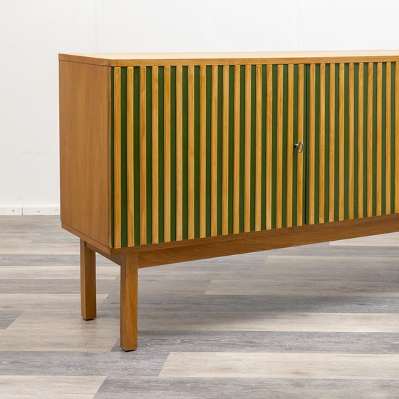 Image 1 of 60s sideboard, green lacquered, grooved front, 182 Cm