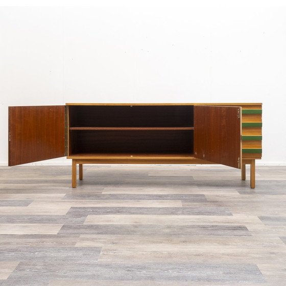 Image 1 of 60s sideboard, green lacquered, grooved front, 182 Cm