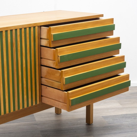 Image 1 of 60s sideboard, green lacquered, grooved front, 182 Cm