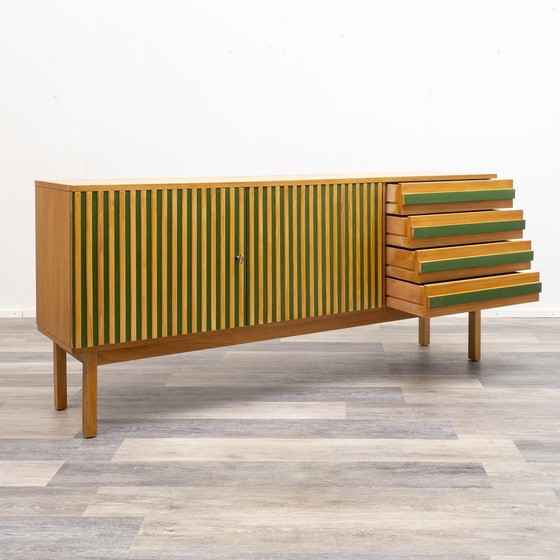 Image 1 of 60s sideboard, green lacquered, grooved front, 182 Cm