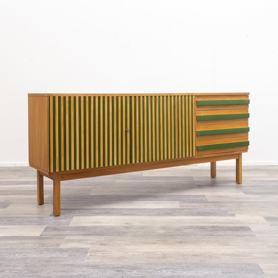 Image 1 of 60s sideboard, green lacquered, grooved front, 182 Cm