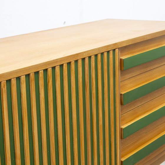 Image 1 of 60s sideboard, green lacquered, grooved front, 182 Cm