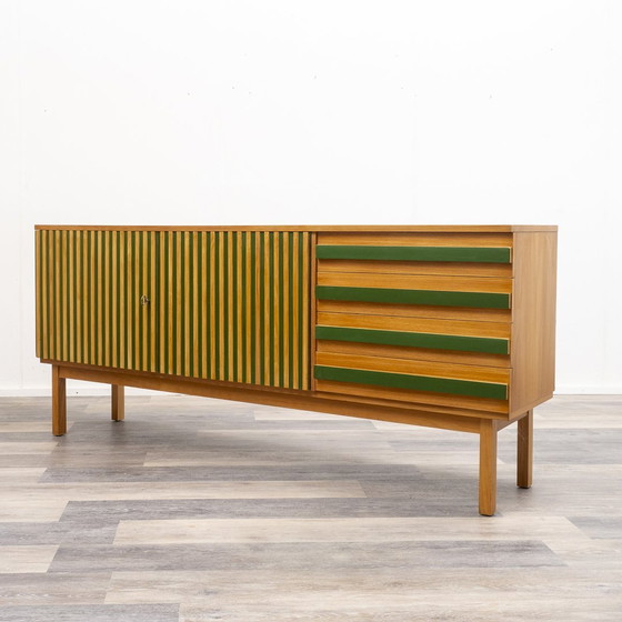 Image 1 of 60s sideboard, green lacquered, grooved front, 182 Cm