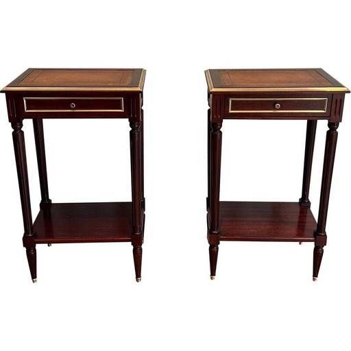 Pair of vintage mahogany and brass sofa ends with leather tops, 1940s