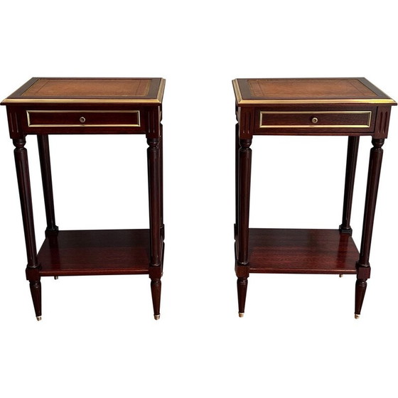 Image 1 of Pair of vintage mahogany and brass sofa ends with leather tops, 1940s