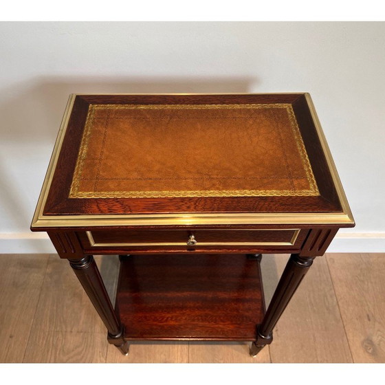 Image 1 of Pair of vintage mahogany and brass sofa ends with leather tops, 1940s