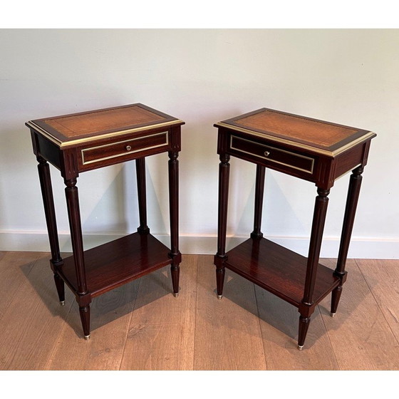 Image 1 of Pair of vintage mahogany and brass sofa ends with leather tops, 1940s