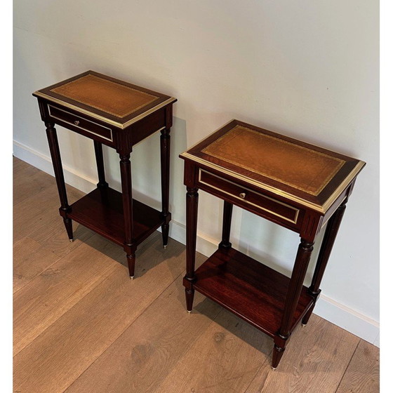 Image 1 of Pair of vintage mahogany and brass sofa ends with leather tops, 1940s