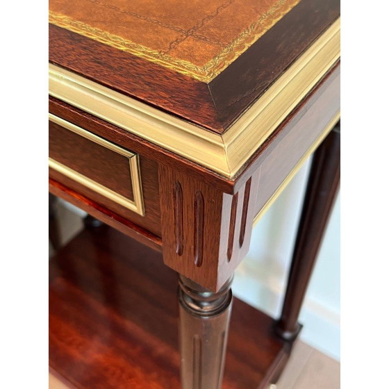 Image 1 of Pair of vintage mahogany and brass sofa ends with leather tops, 1940s