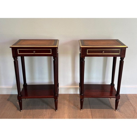 Image 1 of Pair of vintage mahogany and brass sofa ends with leather tops, 1940s