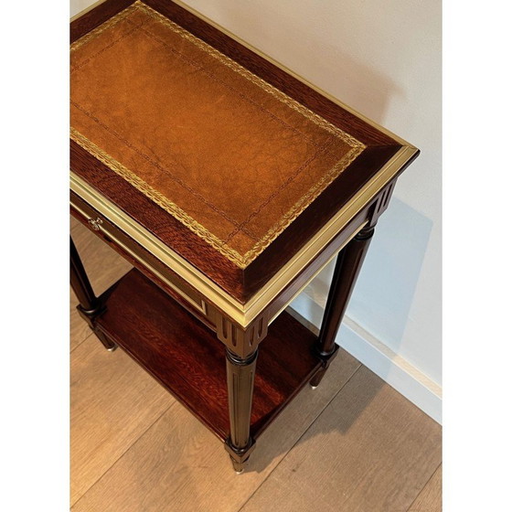 Image 1 of Pair of vintage mahogany and brass sofa ends with leather tops, 1940s