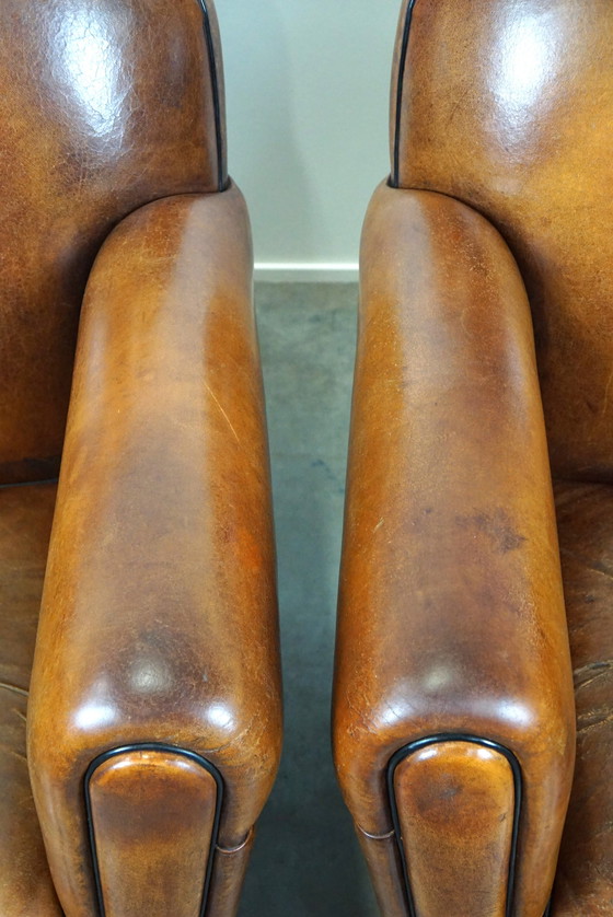 Image 1 of Set of two sheep leather Art Deco style designer armchairs