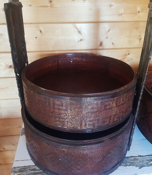 Chinese Dim Sum Rattan Carrying Basket With Iron Fittings