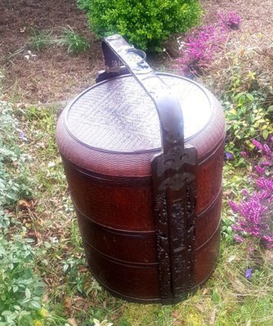 Image 1 of Chinese Dim Sum Rattan Carrying Basket With Iron Fittings