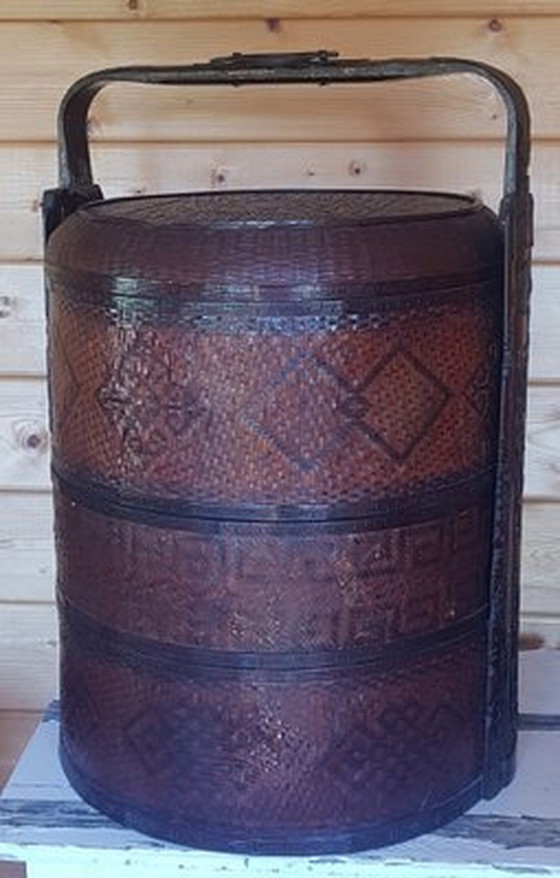 Image 1 of Chinese Dim Sum Rattan Carrying Basket With Iron Fittings