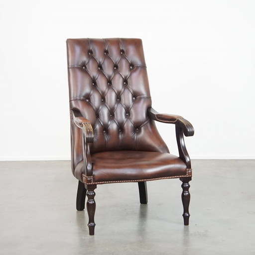 Dark Beef Leather And Wood Chesterfield Armchair