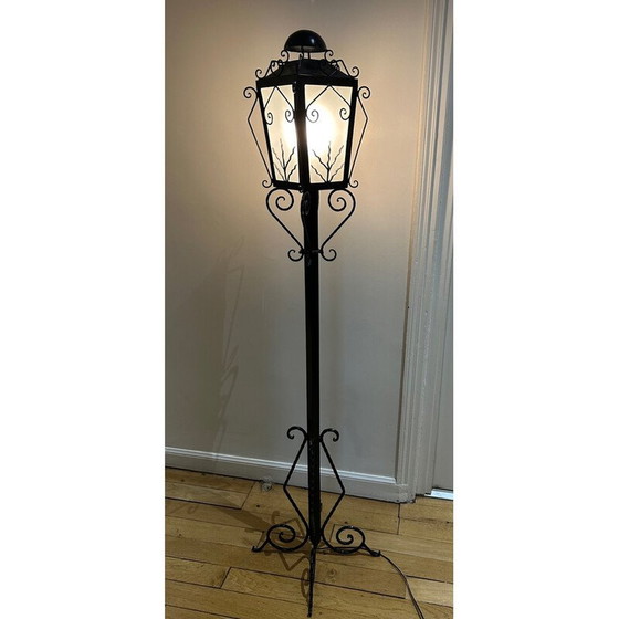 Image 1 of Vintage street lamp in froged iron and frosted glass, 1950