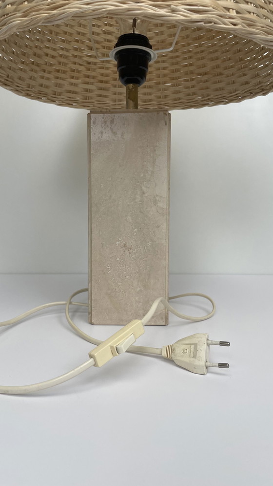 Image 1 of Vintage travertine table lamp with rattan shade