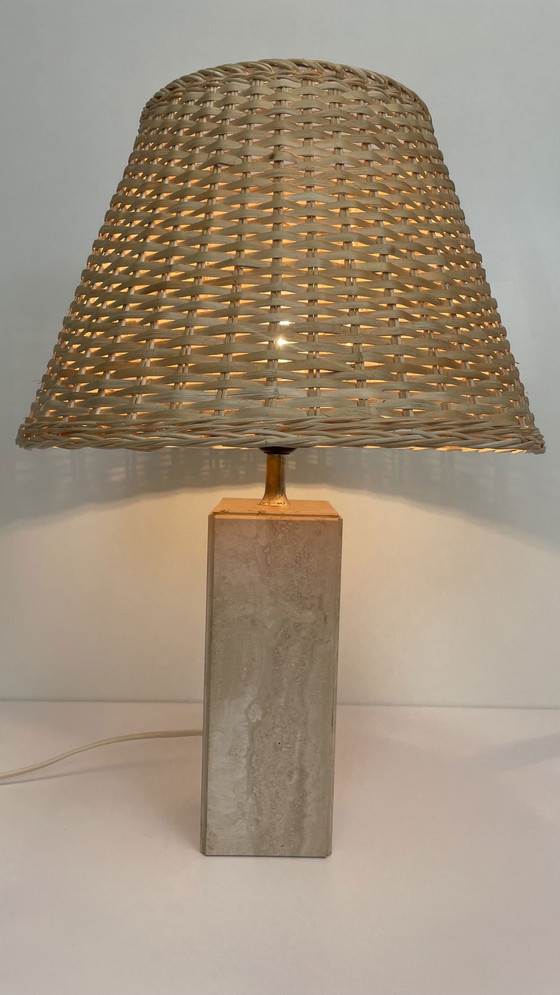 Image 1 of Vintage travertine table lamp with rattan shade