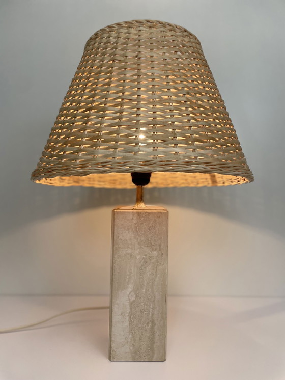 Image 1 of Vintage travertine table lamp with rattan shade