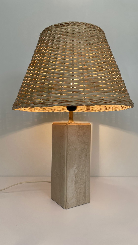 Image 1 of Vintage travertine table lamp with rattan shade