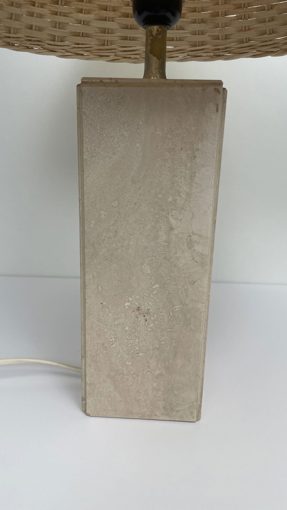 Image 1 of Vintage travertine table lamp with rattan shade