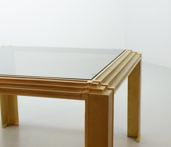 Image 1 of Peter Ghyczy Attributed Solid Messing Square Coffee Table with Smokey Glass Top, 1970s.