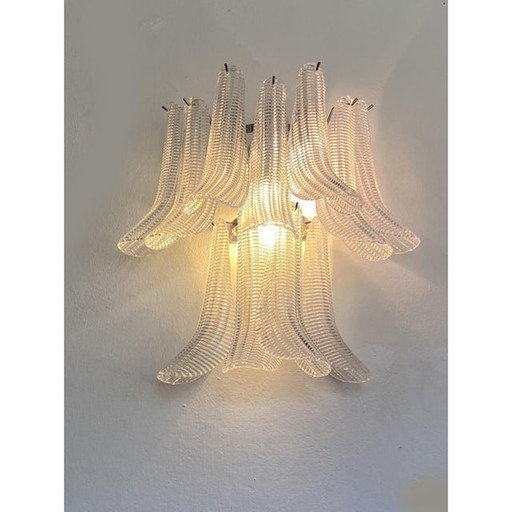 Contemporary Transparent Diamanted Murano Glass "Selle" Wall Sconces In Mazzega Style - A Pair