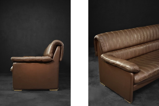 Image 1 of Vintage Brutalist Mid-Century German Modern Brown Leather 4-Seater Sofa, 1970S