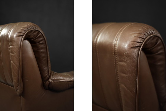 Image 1 of Vintage Brutalist Mid-Century German Modern Brown Leather 4-Seater Sofa, 1970S