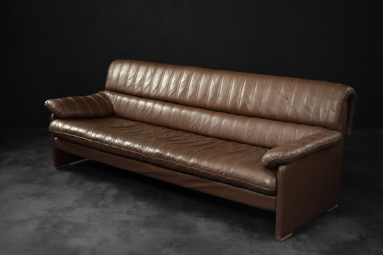 Image 1 of Vintage Brutalist Mid-Century German Modern Brown Leather 4-Seater Sofa, 1970S