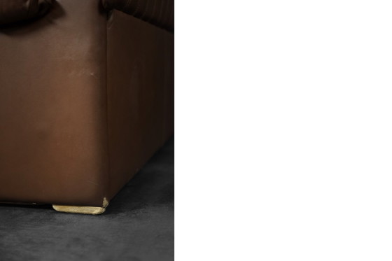 Image 1 of Vintage Brutalist Mid-Century German Modern Brown Leather 4-Seater Sofa, 1970S