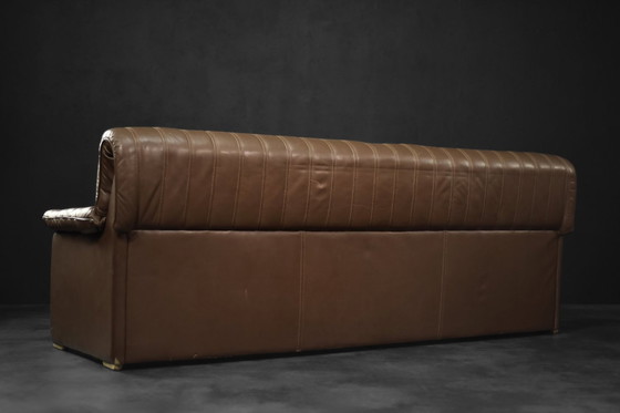 Image 1 of Vintage Brutalist Mid-Century German Modern Brown Leather 4-Seater Sofa, 1970S