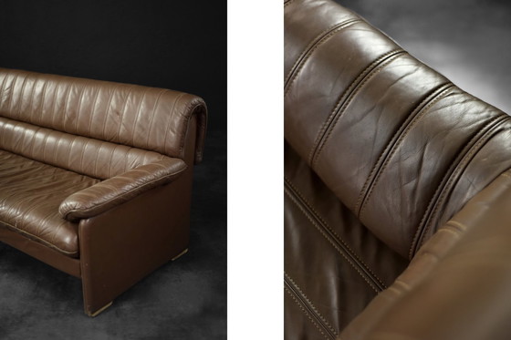 Image 1 of Vintage Brutalist Mid-Century German Modern Brown Leather 4-Seater Sofa, 1970S