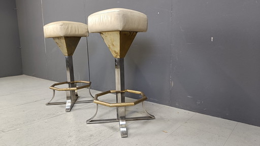 Seventies Brass And Chrome Bar Stools, Set Of 2, 1970S 