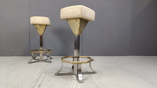 Seventies Brass And Chrome Bar Stools, Set Of 2, 1970S 