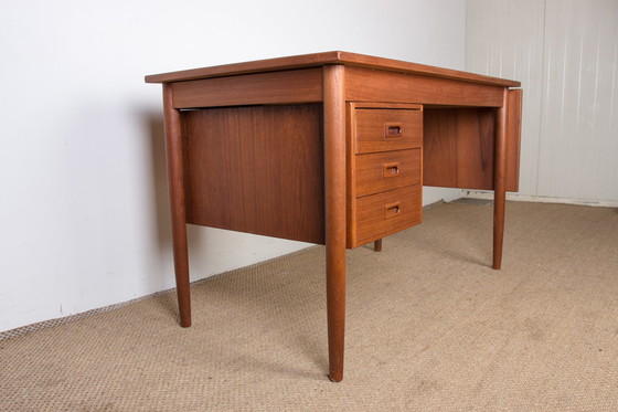 Image 1 of Extendable Teak Swedish Desk with Sliding Pedestal and Folding Extension 1960.