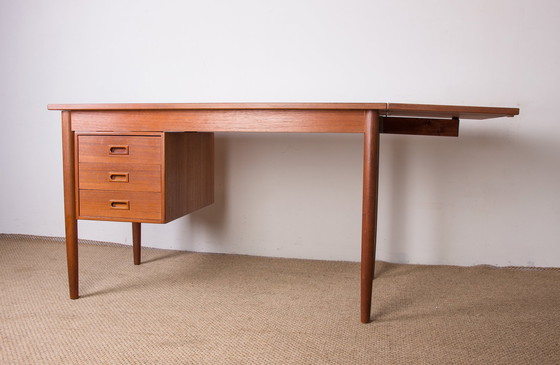 Image 1 of Extendable Teak Swedish Desk with Sliding Pedestal and Folding Extension 1960.