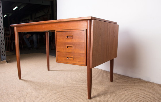 Image 1 of Extendable Teak Swedish Desk with Sliding Pedestal and Folding Extension 1960.