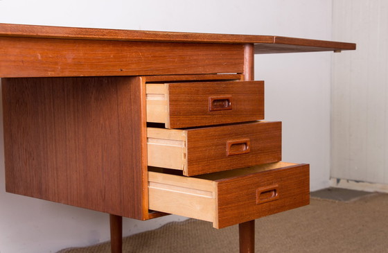 Image 1 of Extendable Teak Swedish Desk with Sliding Pedestal and Folding Extension 1960.