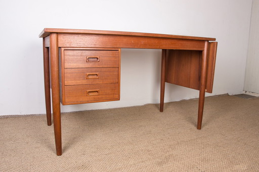 Extendable Teak Swedish Desk with Sliding Pedestal and Folding Extension 1960.