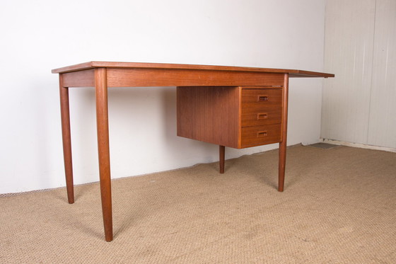 Image 1 of Extendable Teak Swedish Desk with Sliding Pedestal and Folding Extension 1960.