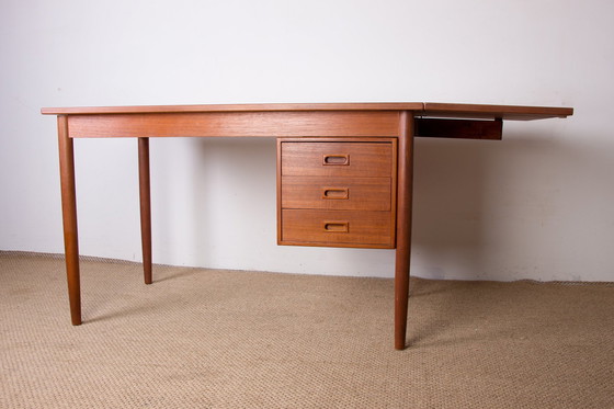 Image 1 of Extendable Teak Swedish Desk with Sliding Pedestal and Folding Extension 1960.