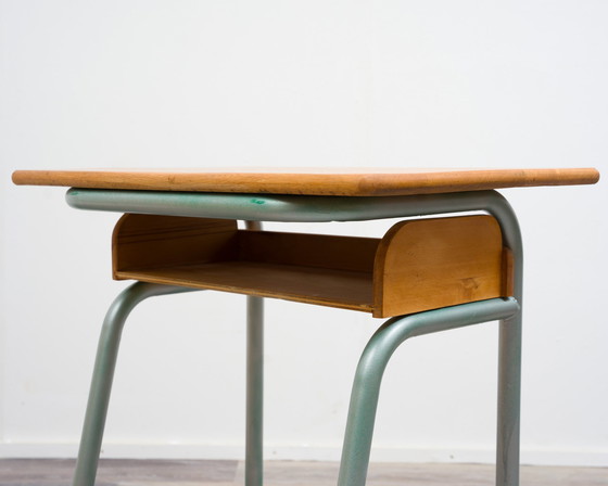 Image 1 of Small 50s school desk from France, solid oak worktop.