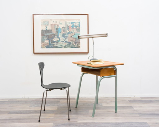 Small 50s school desk from France, solid oak worktop.