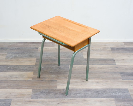 Image 1 of Small 50s school desk from France, solid oak worktop.