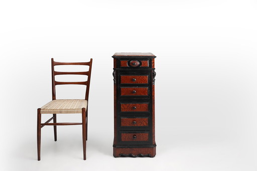 Rare Antique French chest of drawers in wood, burl veneer and marble, ca. 1850