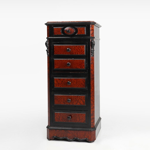 Rare Antique French chest of drawers in wood, burl veneer and marble, ca. 1850