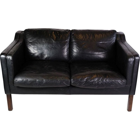 Image 1 of Vintage 2-seater sofa upholstered in black leather by Stouby Møbelfabrik