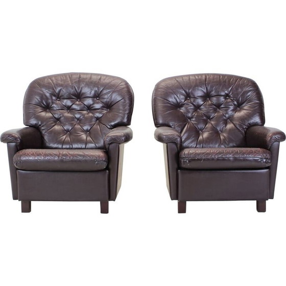 Image 1 of Pair of vintage armchairs in wood and leather, Finland 1980s